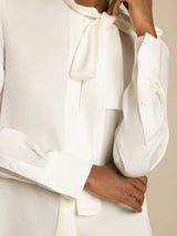 [White] SilkSilky-AU 19Momme Stretch Silk Charmeuse Long Sleeve Tie Neck Blouse 005