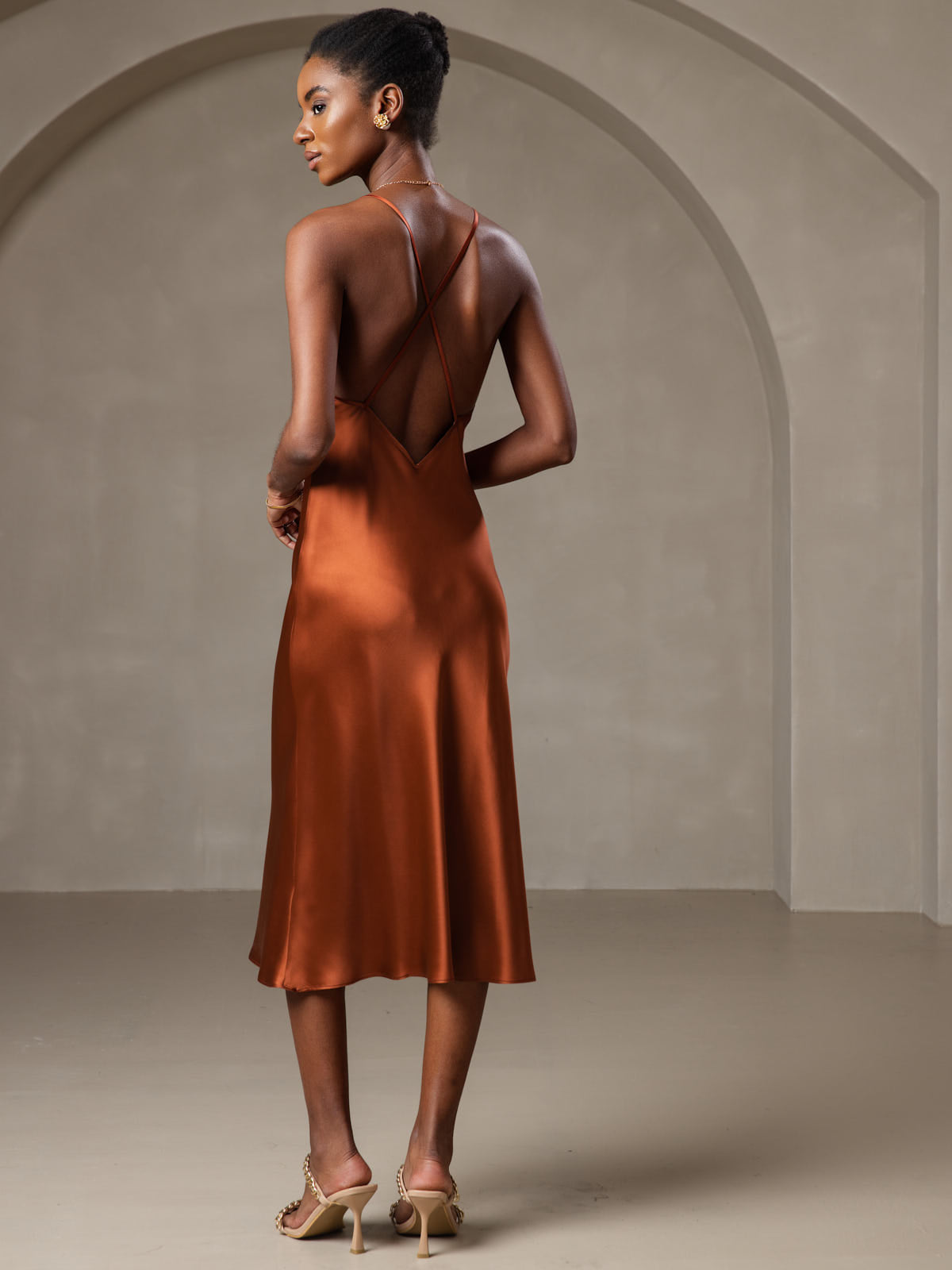 SilkSilky-AU Pure Silk Sleeveless V Neck Dress Caramel 004