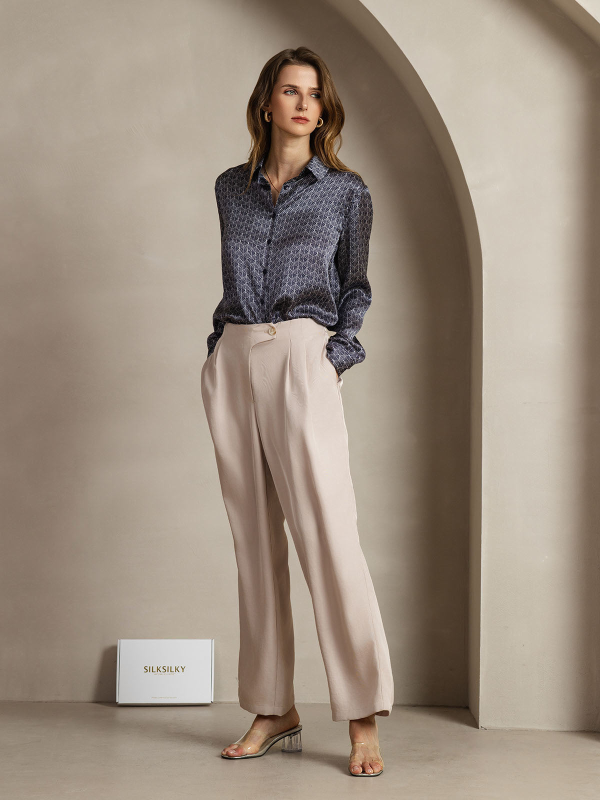 [Navy Ginkgo] SilkSilky-AU Silk Long Sleeve Lapel Collar Women's Shirt 003