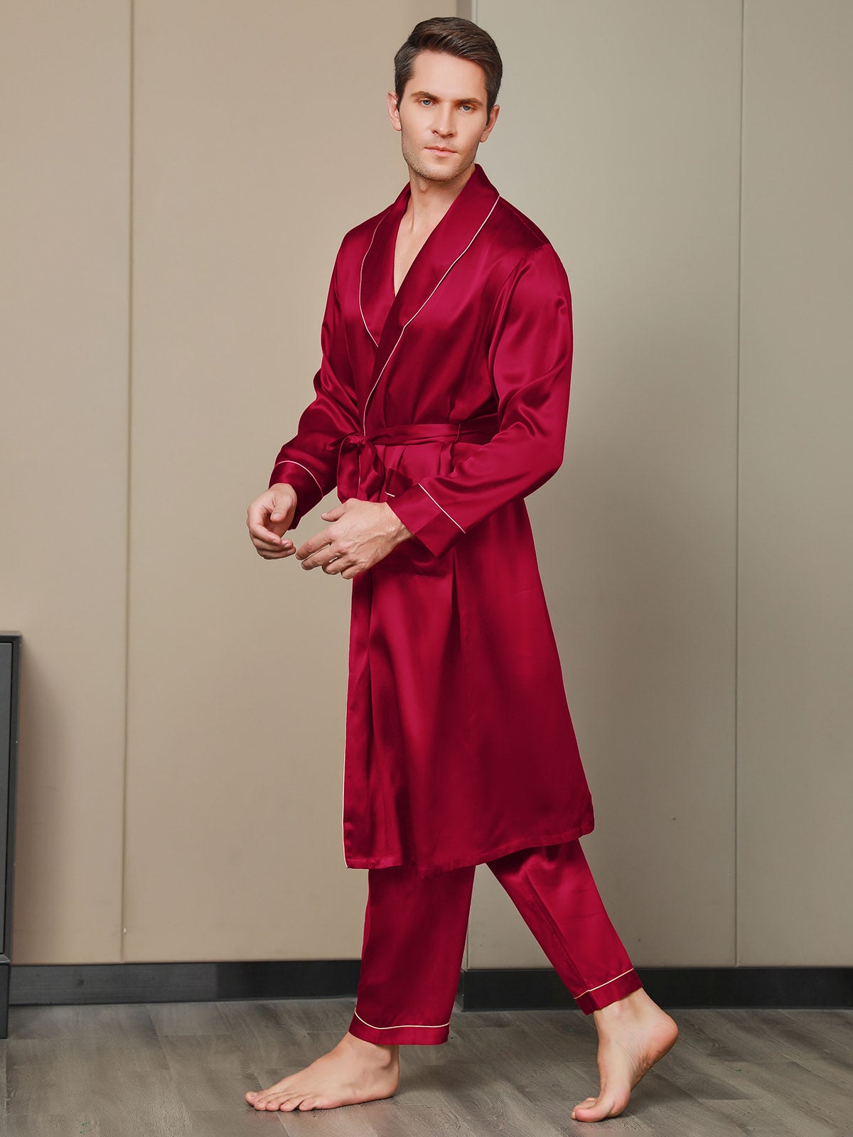 SilkSilky AU Pure Silk Long Sleeve Lapel Men's Dressing Gown Wine 005