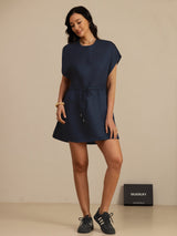 [Dark Blue] SilkSilky-AU 18Momme Silk Satin Surah Cap Sleeve Henley Neck Dress 006