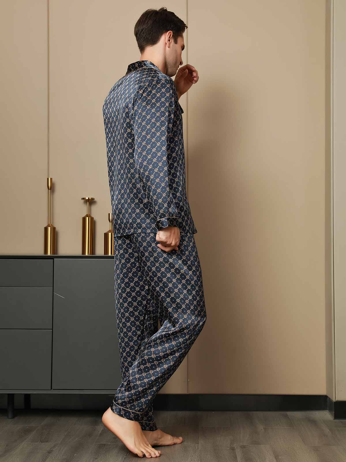 SilkSilky AU Pure Silk Long Sleeve Lapel Men's Pyjamas DarkBlue 003