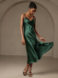 SilkSilky AU 19Momme Pure Silk Sleeveless Cowl Neck Dress DarkGreen 006