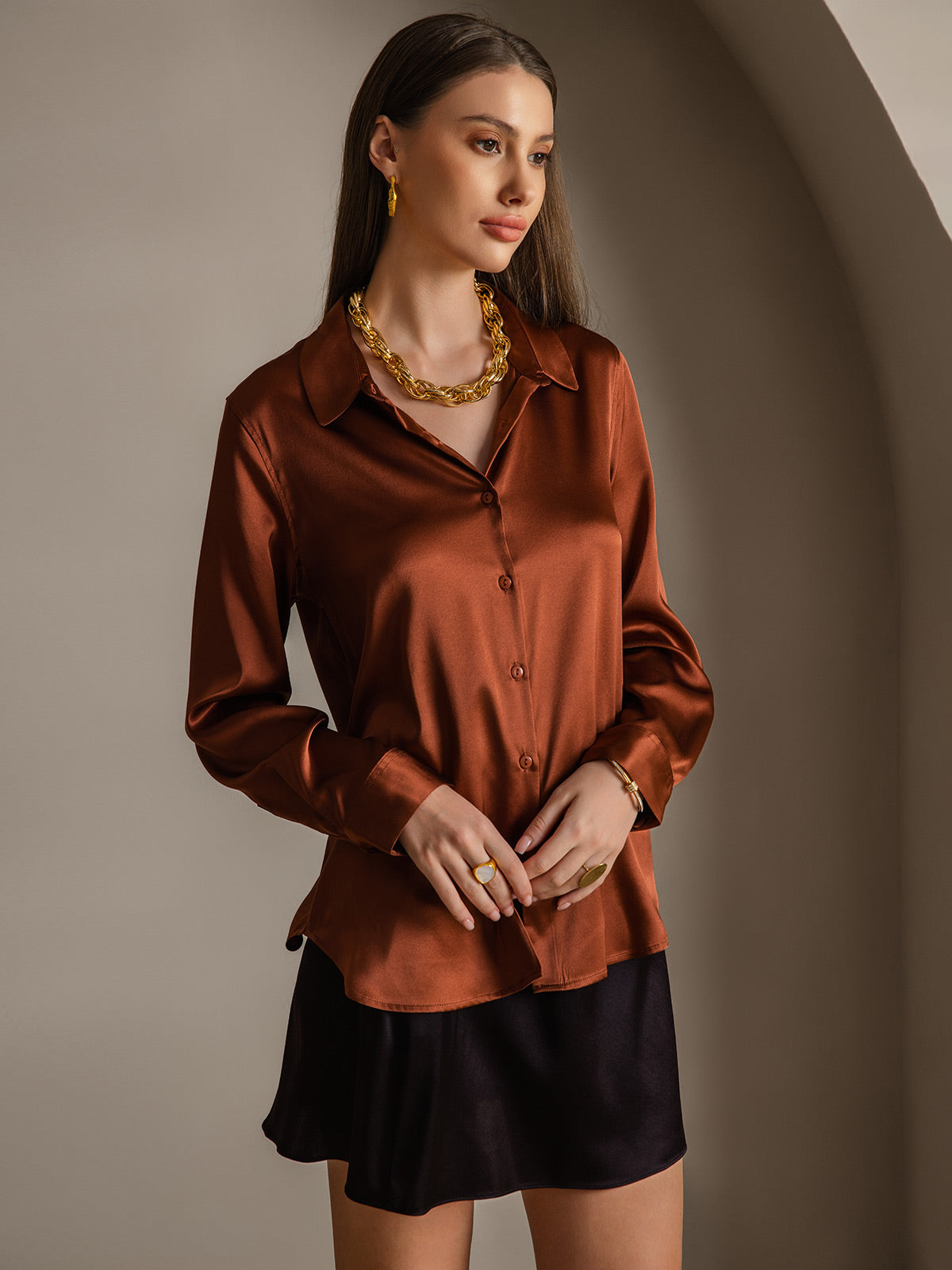 [Caramel] SilkSilky-AU 19Momme Stretch Silk Charmeuse Long Sleeve Lapel Collar Women's Shirt 004