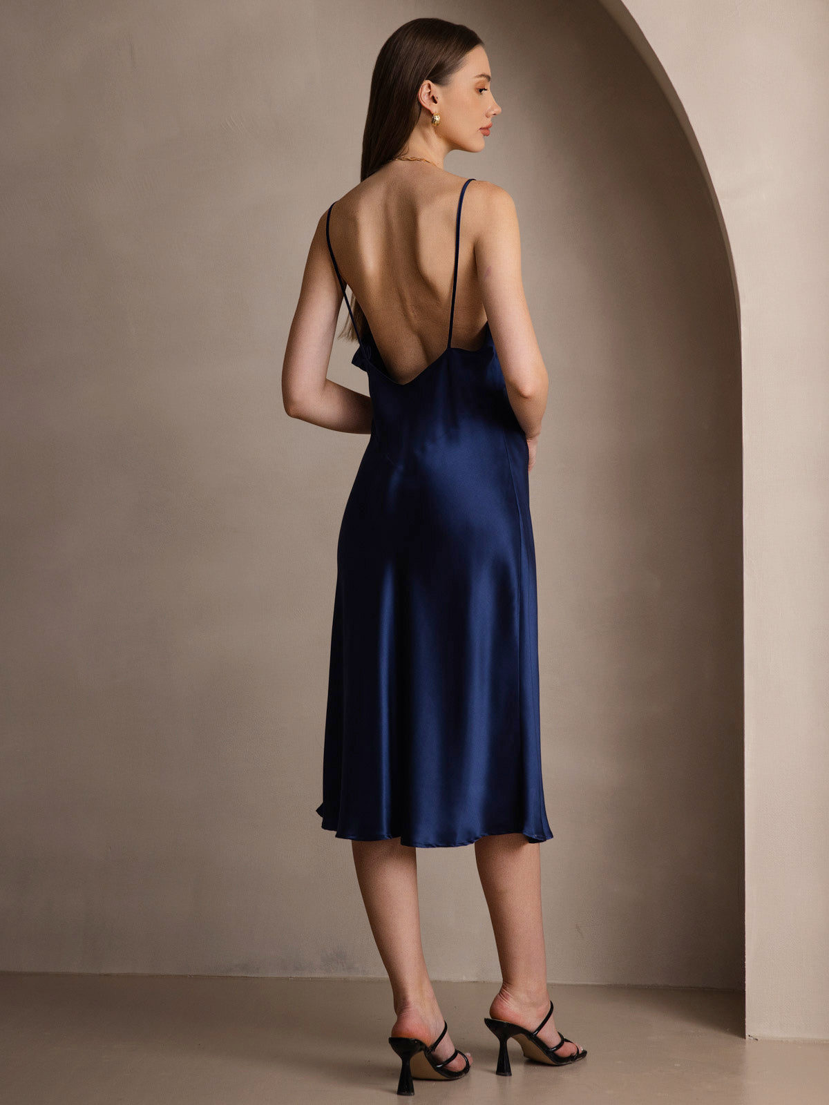 [Dark Blue] SilkSilky-AU 19Momme Pure Silk V Neck Dress 002