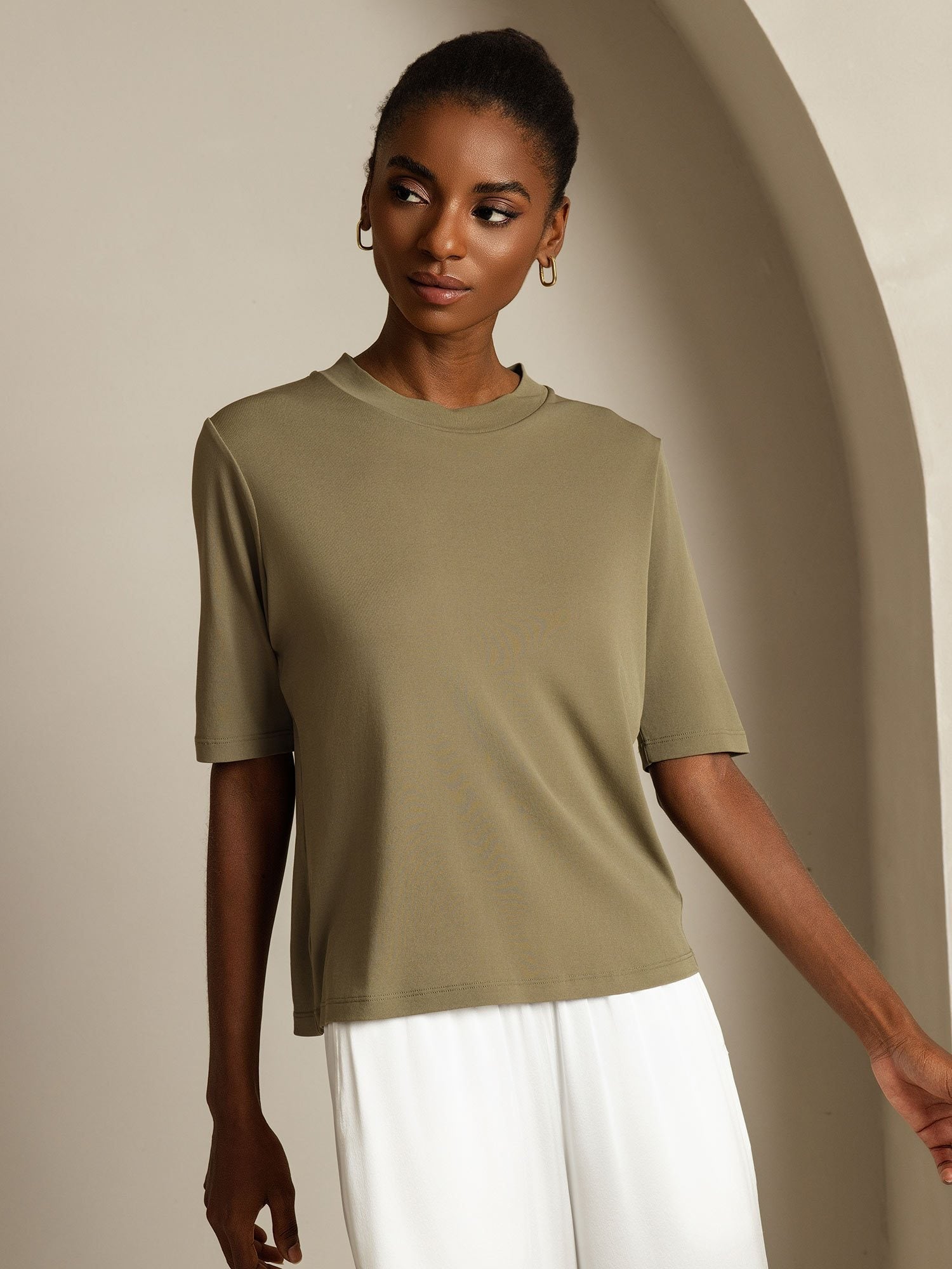 [Burnt Olive] SilkSilky-AU Pure Silk Round Neck Women's T-Shirt 007