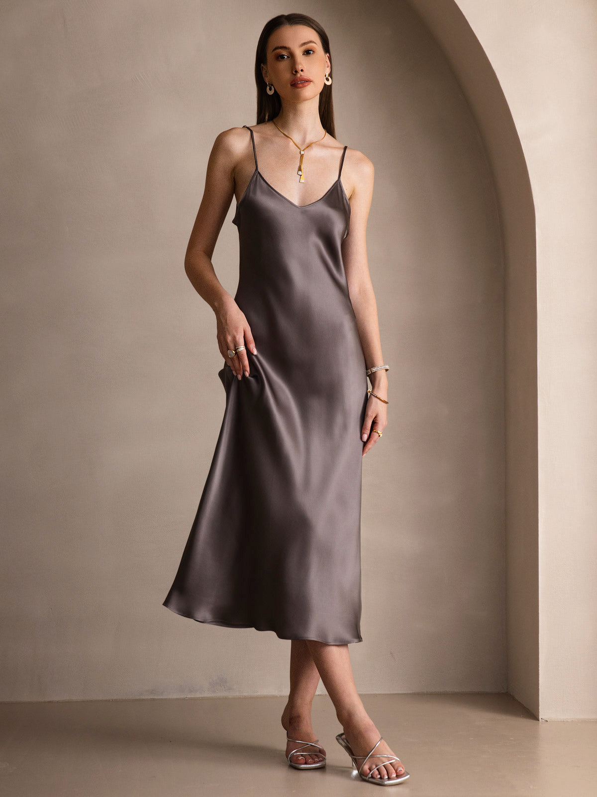 [Dark Khaki] SilkSilky-AU Spaghetti Strap V Neck Dress 001