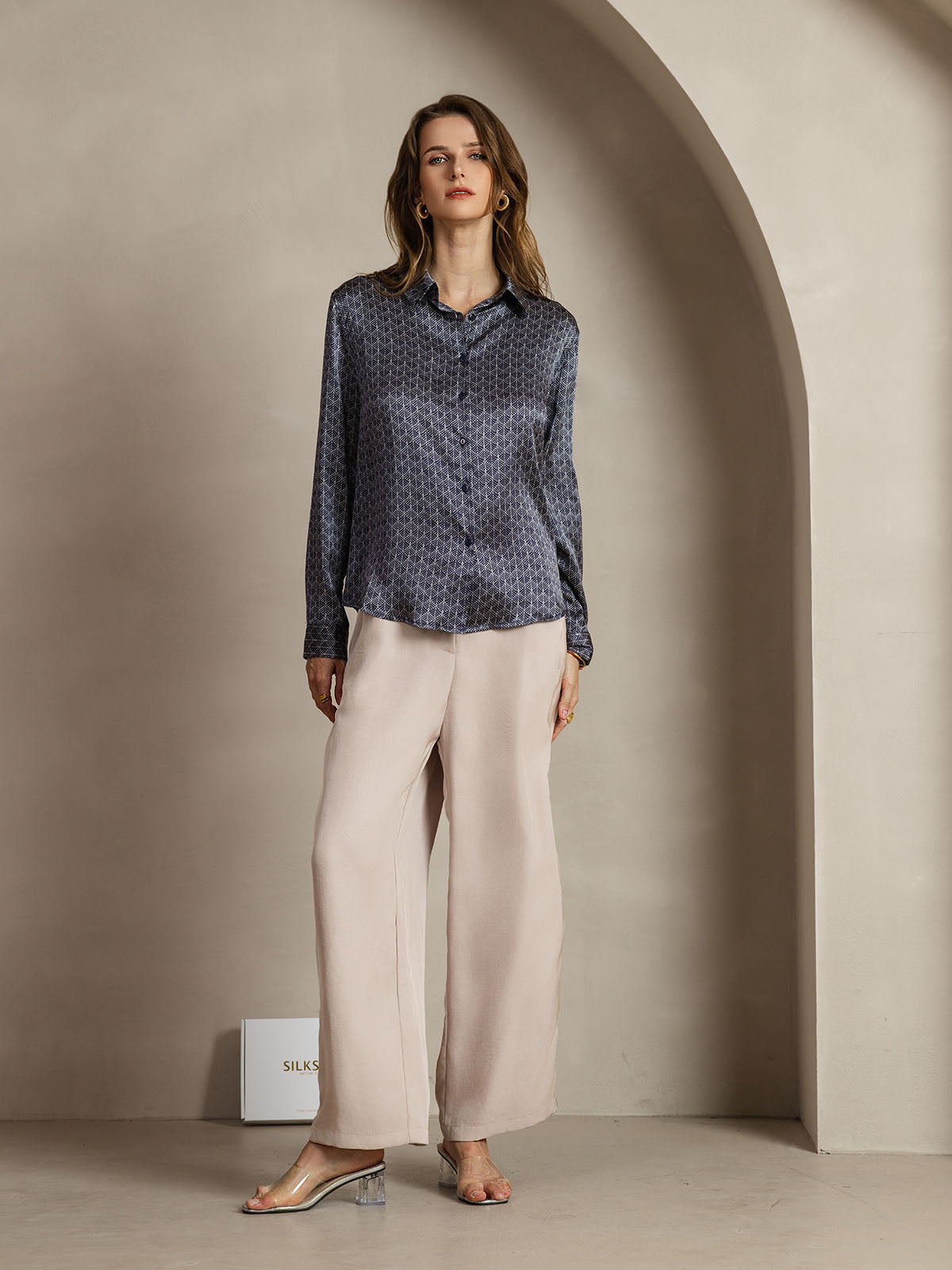 [Navy Ginkgo] SilkSilky-AU Silk Lapel Collar Women's Shirt 007