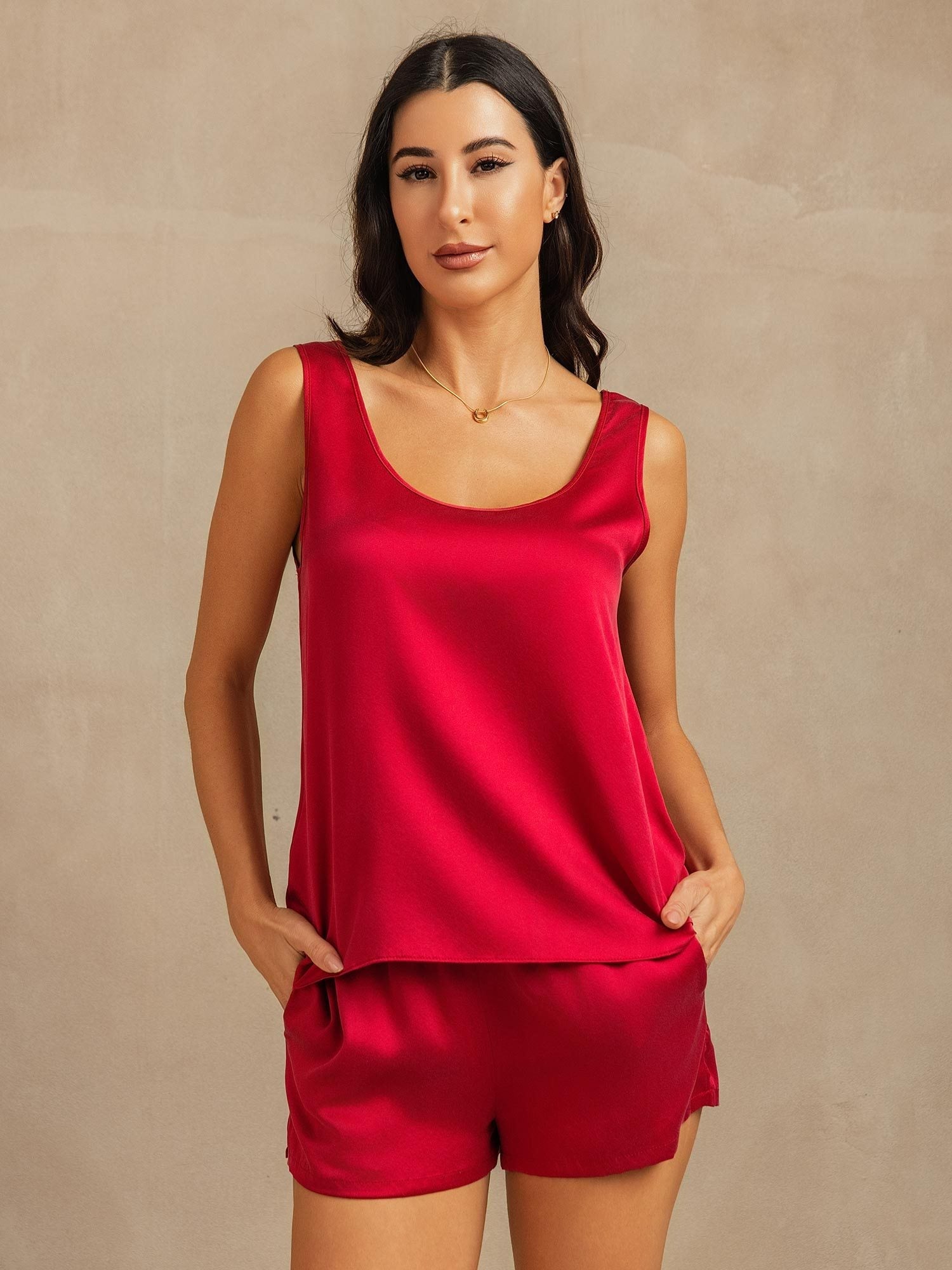 [Wine] SilkSilky-AU 19Momme Washable Silk U Neck Women's Pyjamas 001