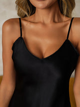 [Black] SilkSilky-AU Pure Silk Spaghetti Strap V Neck Nightgown 004