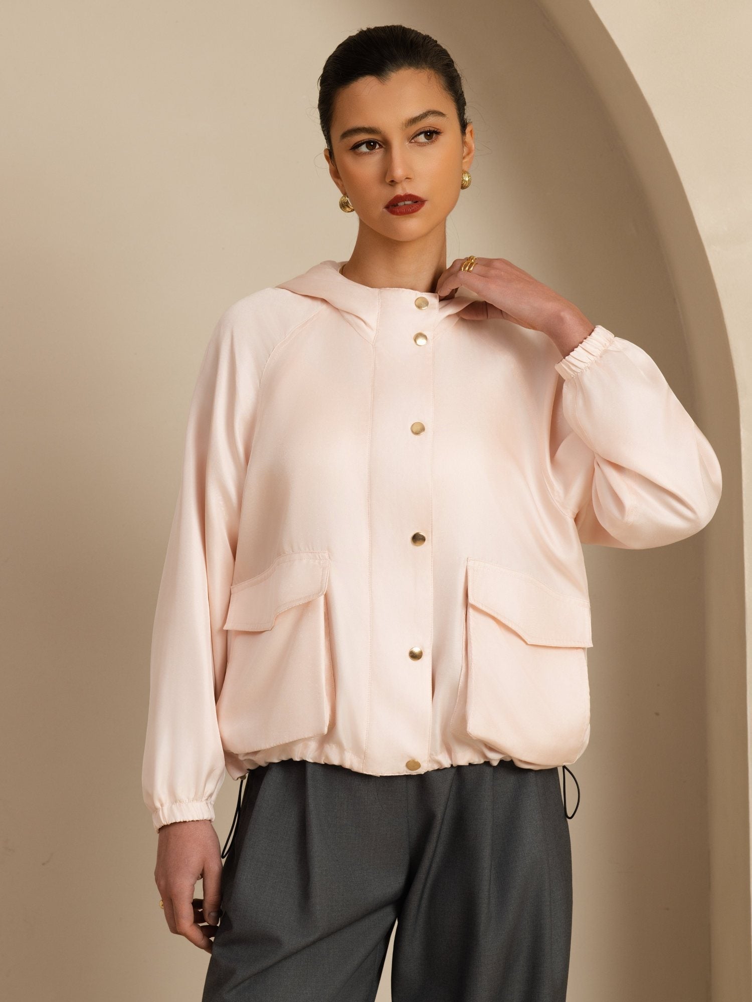 [Pink] SilkSilky-AU Silk Satin Surah Long Sleeve High Neck Women's Outerwear 003