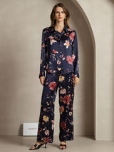 [Navy Floral] SilkSilky-AU 19Momme Silk Lapel Collar Women''s Outfit Sets 001