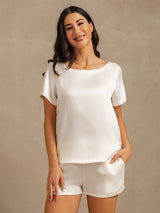 [White] SilkSilky-AU 19Momme Machine-Washable Silk Short Sleeve Round Neck Women's Pyjamas 007