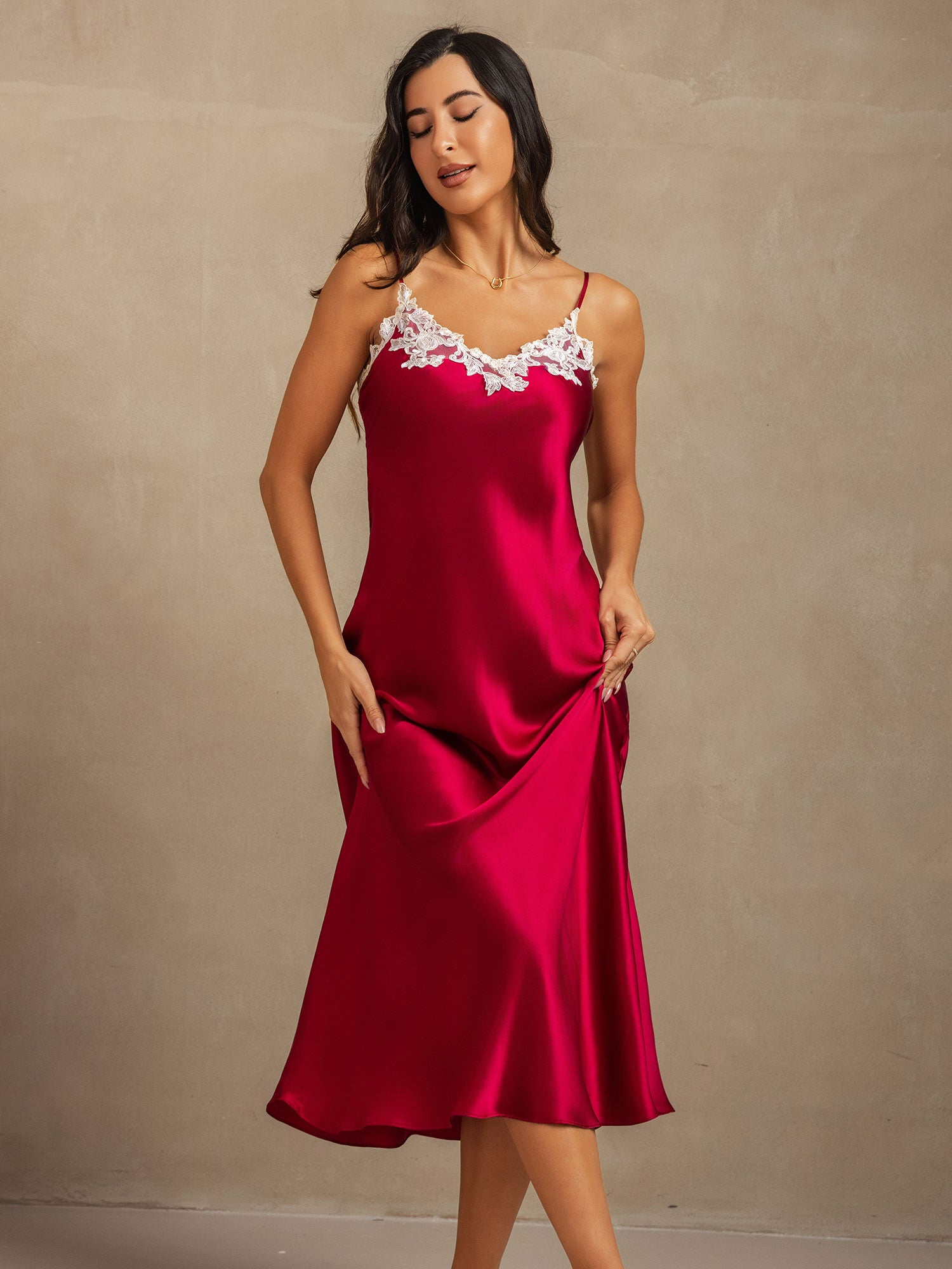 [Wine] SilkSilky-AU 19Momme Pure Silk V Neck Dress 001