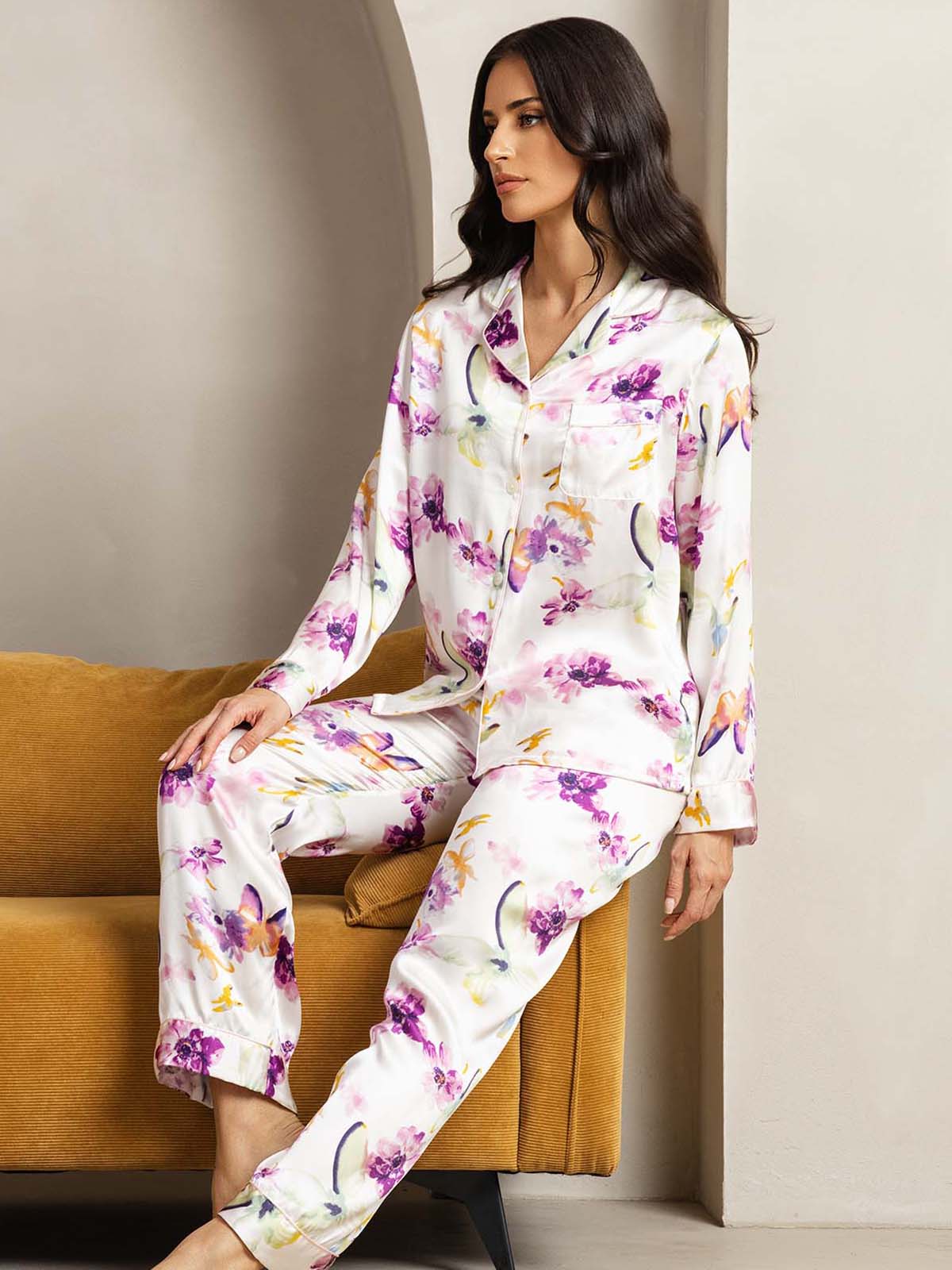 [Watercolor Floral] SilkSilky-AU Pure Silk Womens Pajamas 005