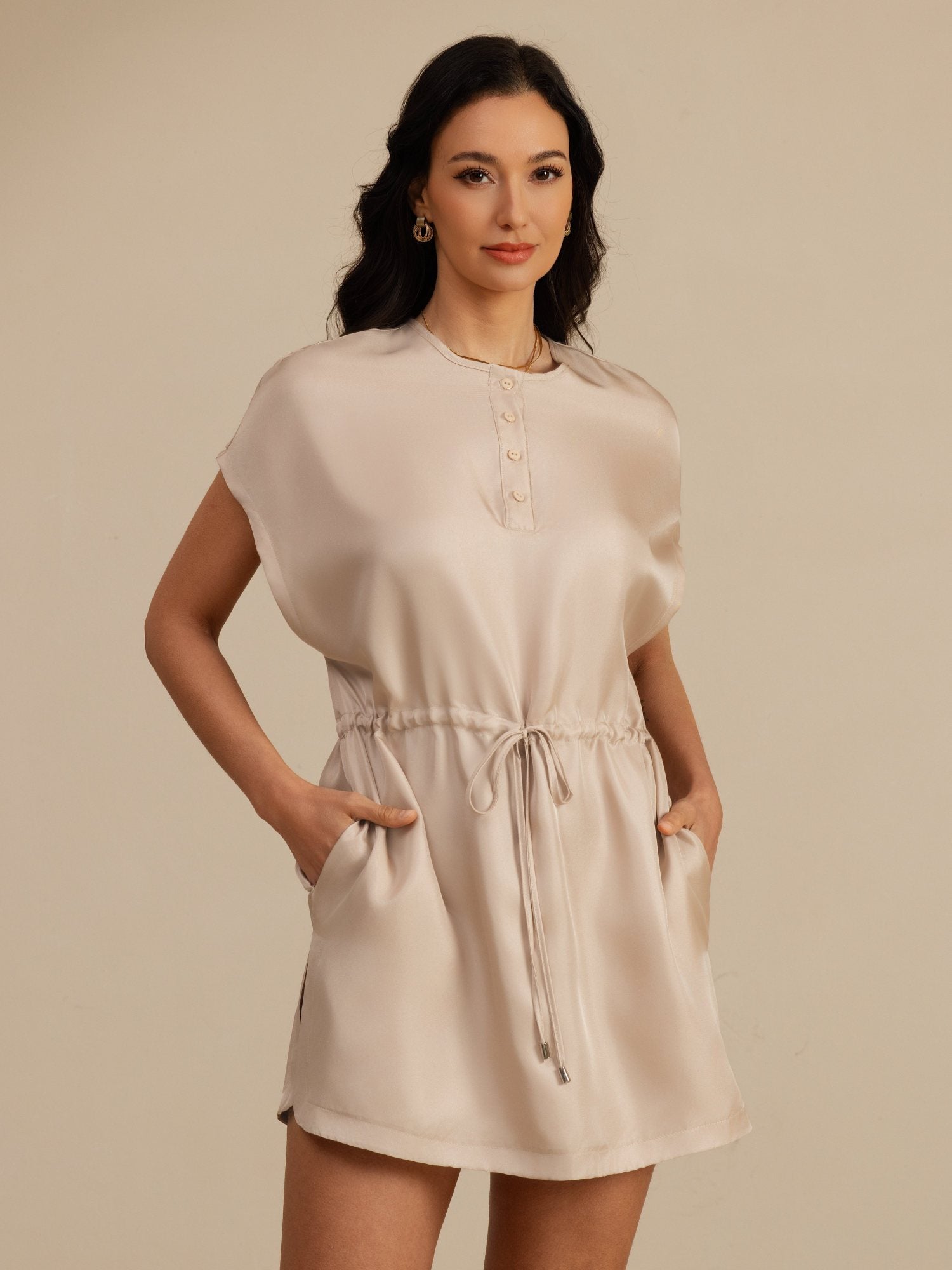 [Tan] SilkSilky-AU 18Momme Silk Satin Surah Cap Sleeve Henley Neck Dress 001
