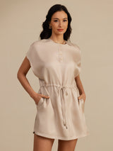 [Tan] SilkSilky-AU 18Momme Silk Satin Surah Cap Sleeve Henley Neck Dress 001