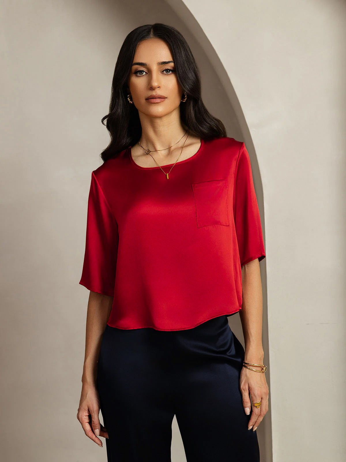 [Dark Red] SilkSilky-AU Pure Silk Boat Neck Women's T-Shirt 003