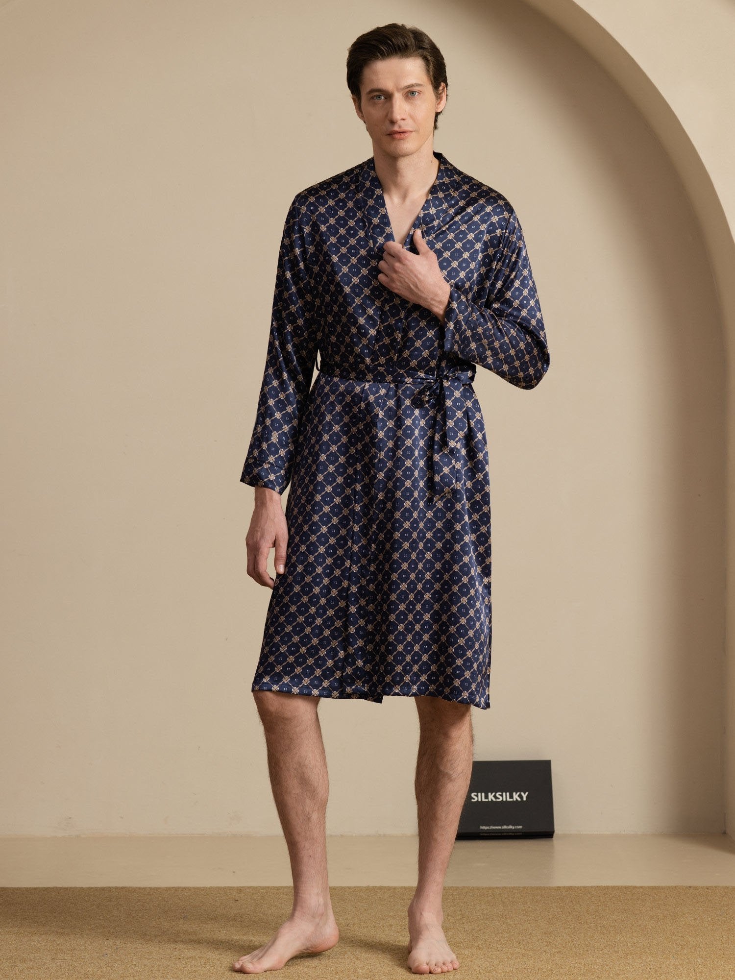 [Navy Chain] SilkSilky-AU Long Sleeve Mens Robe 001