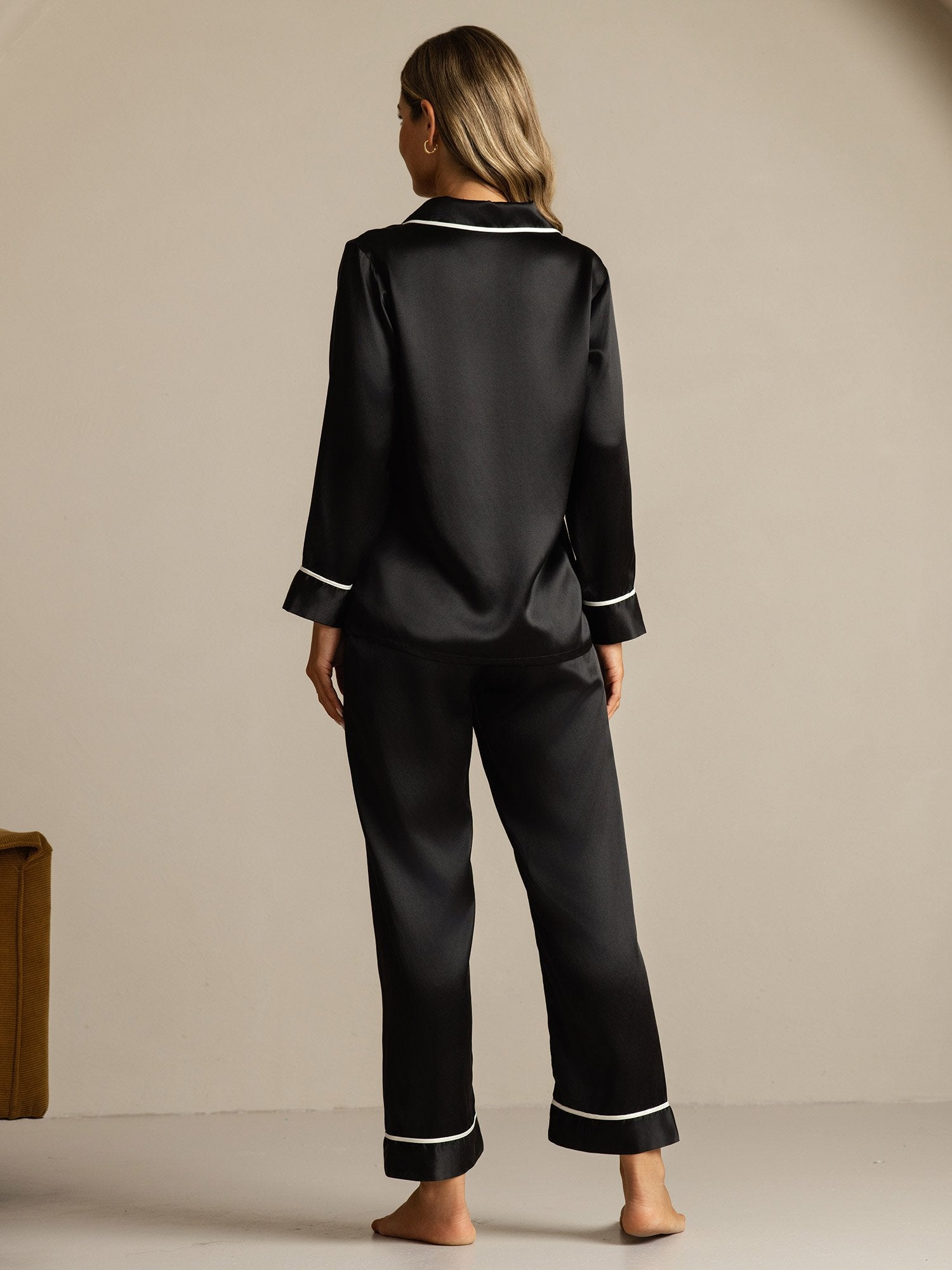 [Black] SilkSilky-AU Pure Silk Lapel Collar Women's Pyjamas 002