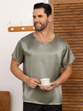 SilkSilky AU Pure Silk Short Sleeve V Neck Men's T Shirt GrayishGreen 004