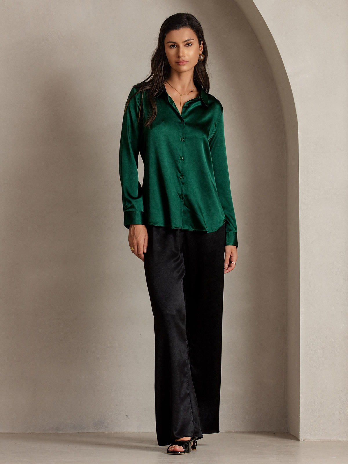 SilkSilky-AU Silk Long Sleeve Collar Women's Shirt DarkGreen 005