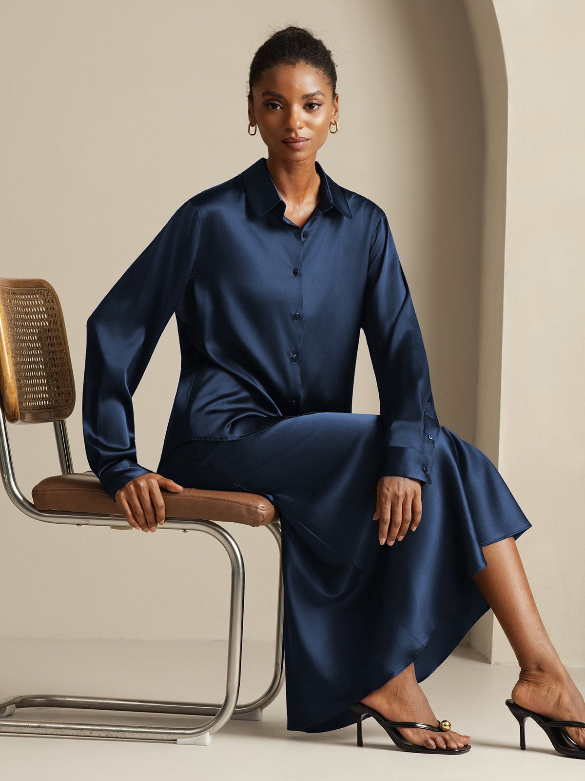 [Dark Blue] SilkSilky-AU 19Momme Silk Knitted Lapel Collar Women''s Outfit Sets 001,
