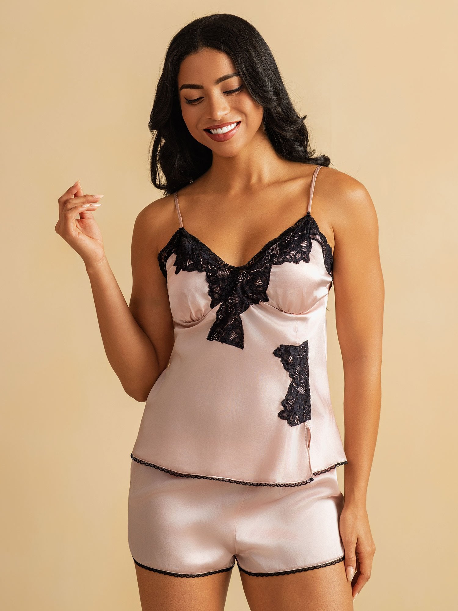 [Pink] SilkSilky-AU Pure Silk Split Camisole Set 003
