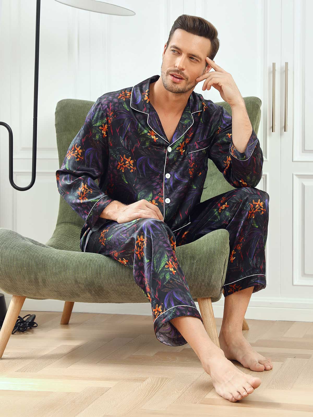 SilkSilky AU Pure Silk Long Sleeve Lapel Men's Pyjamas Multi 001