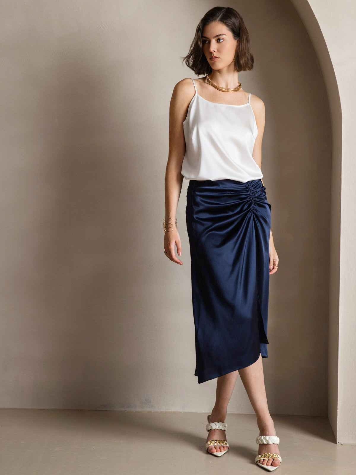 [White] SilkSilky-AU 19Momme Silk Spaghetti Strap Round Neck Camisole 009