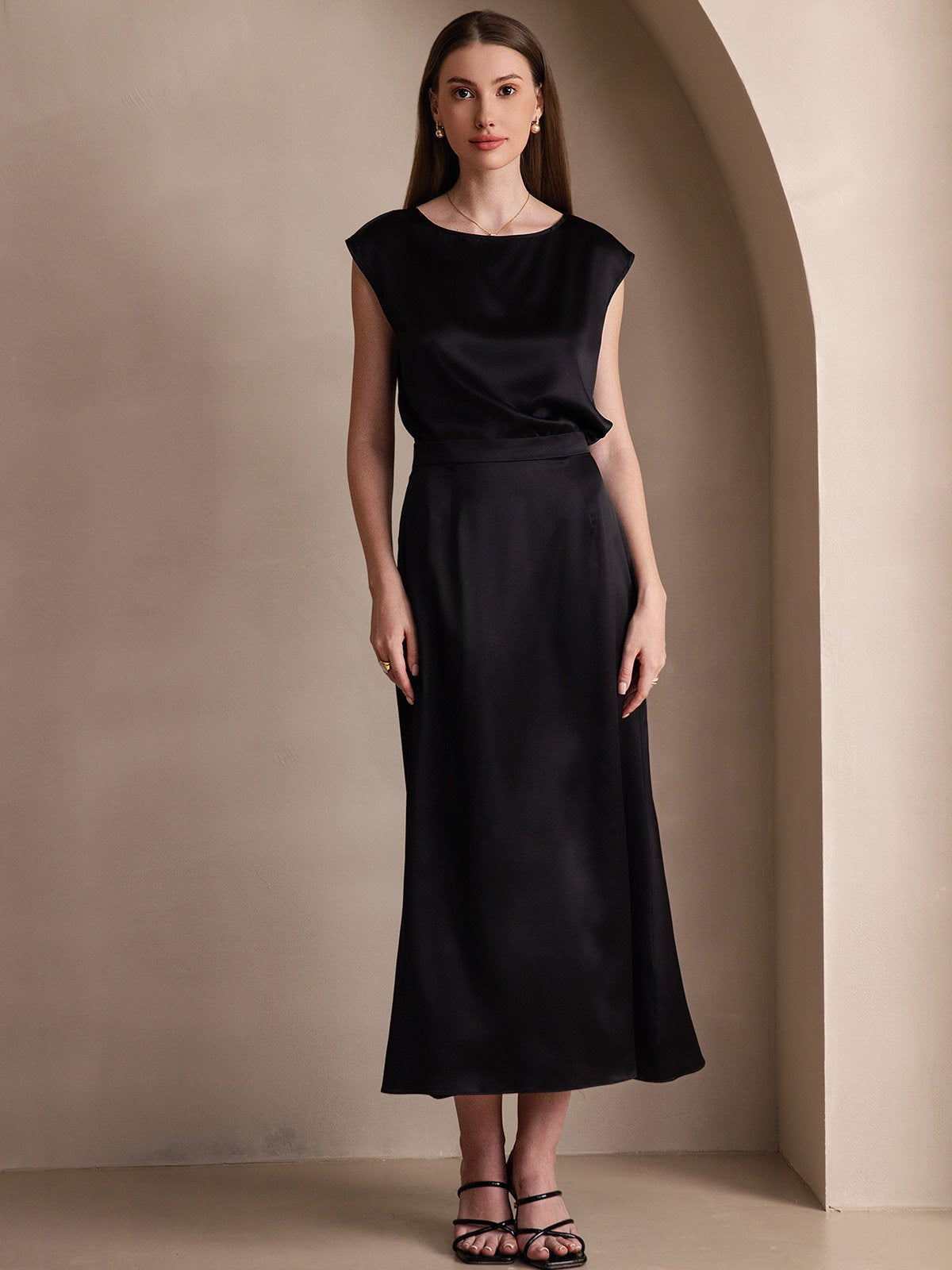 [Black] SilkSilky-AU 19Momme Stretch Silk Charmeuse Skirt 001