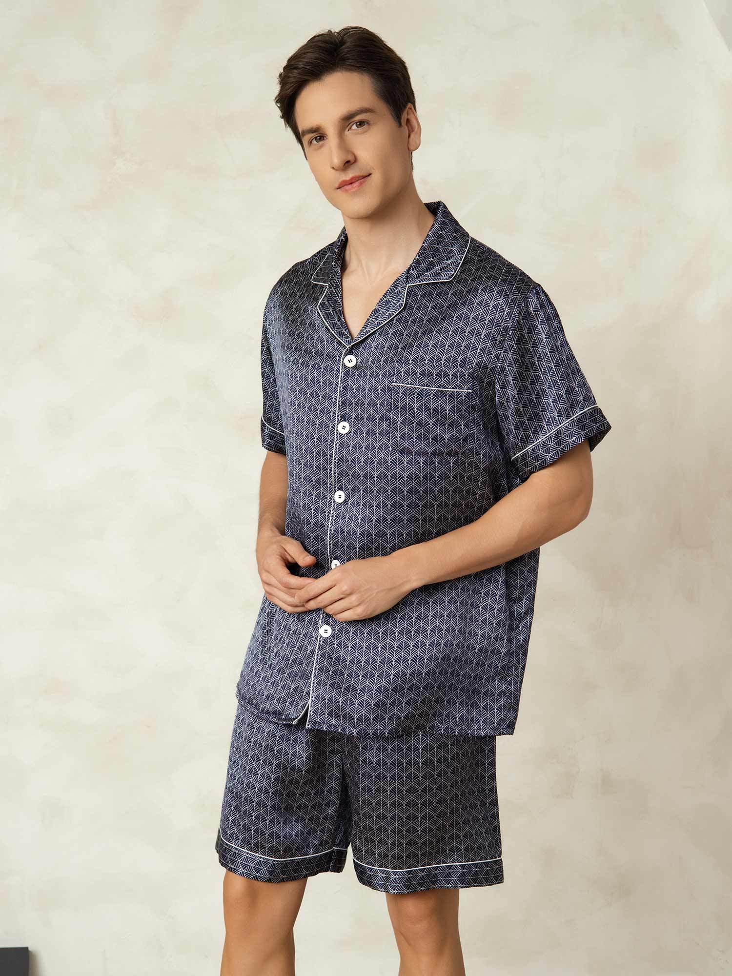 [NavyGinkgo] SilkSilky-AU Pure Silk Lapel Collar Men's Pyjamas 003