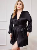 SilkSilky-AU Pure Silk Long Sleeve Deep V Neck Plus Size Dressing Gown Black 004