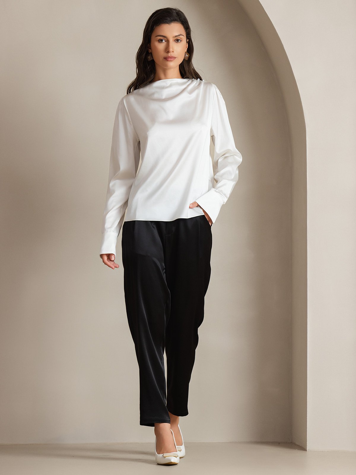 [White] SilkSilky-AU 19Momme Silk Boat Neck Women's Shirt 007