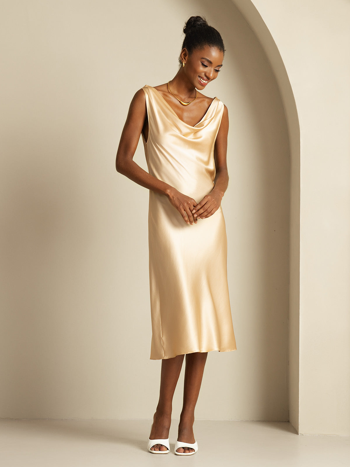 [Champagne] SilkSilky-AU 19Momme Silk Cowl Neck Dress 008