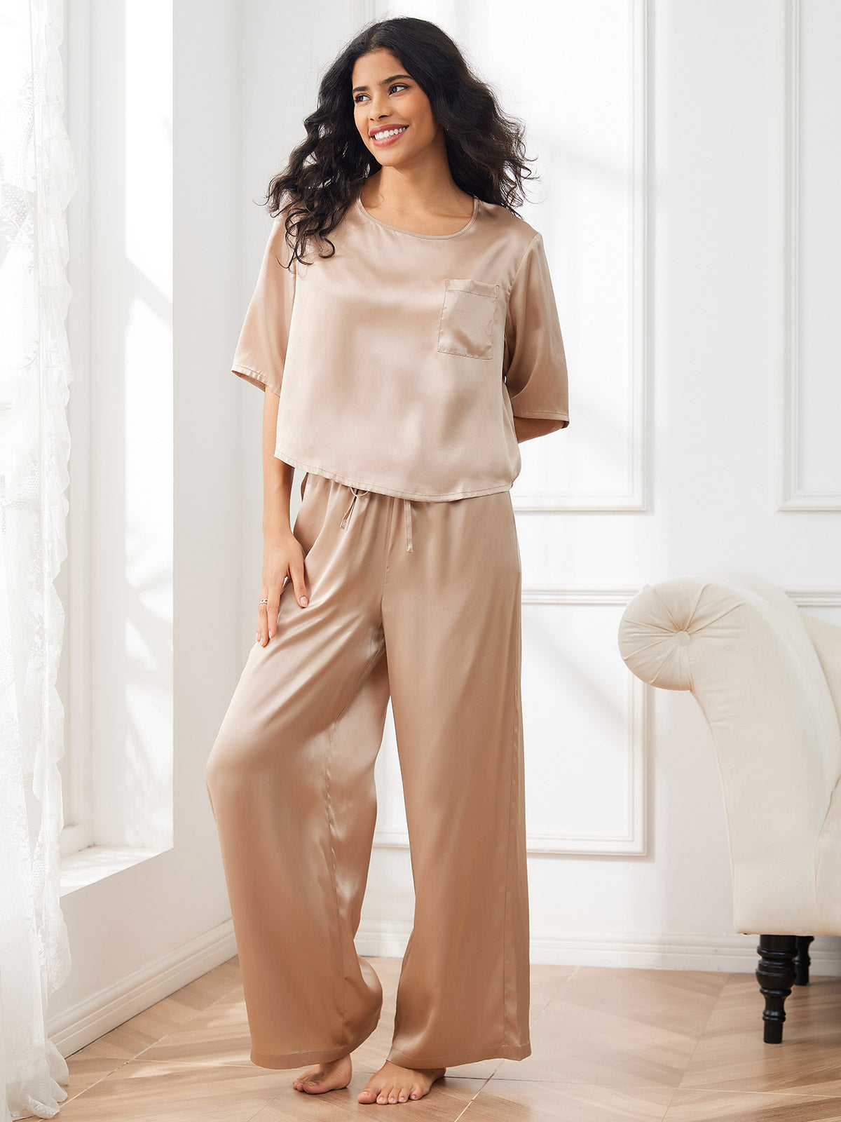 SilkSilky AU Pure Silk Half Sleeve Round Neck Women's Pyjamas Champagne 006