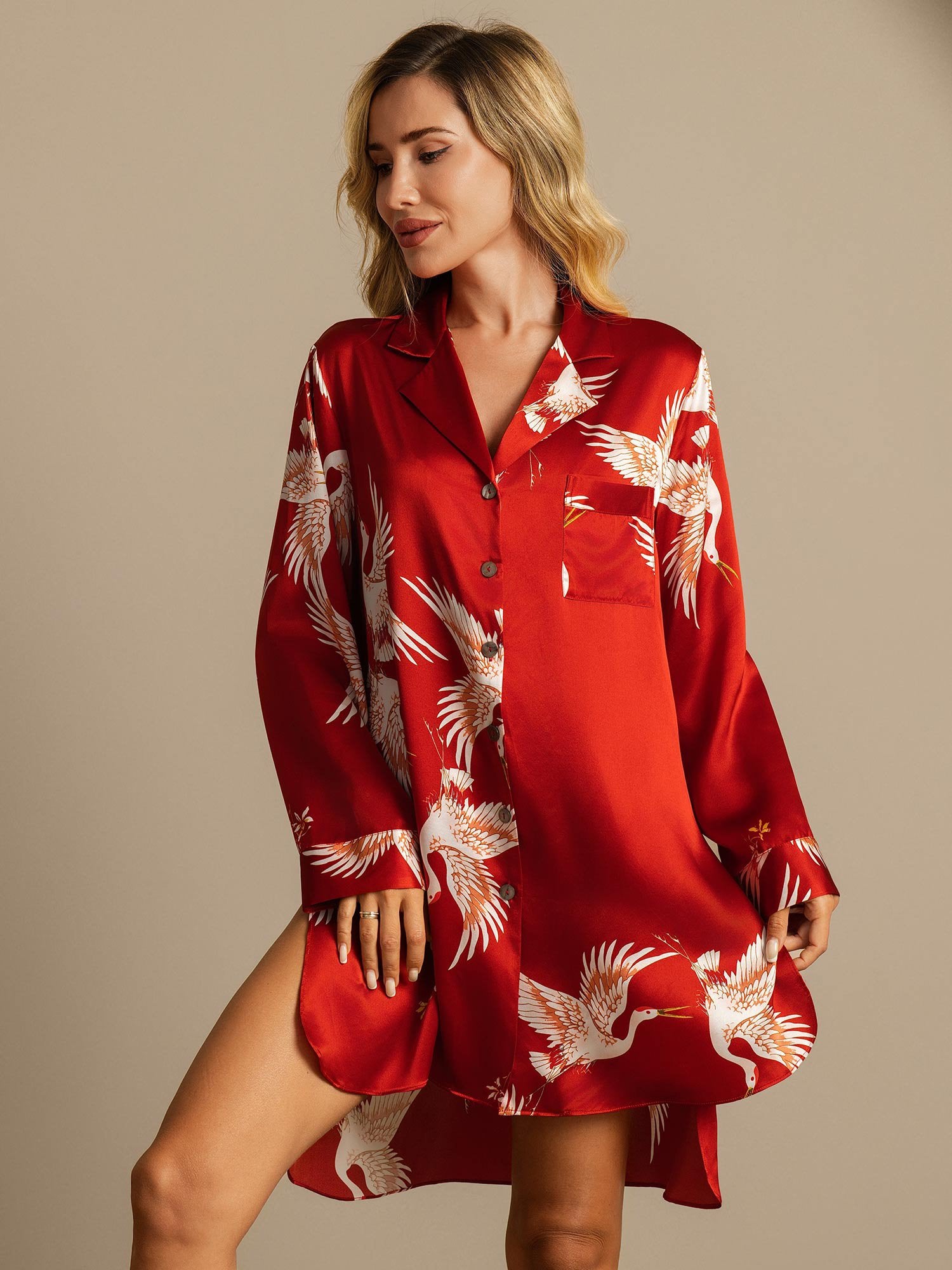 [DarkRed] SilkSilky-AU 19Momme Pure Silk Split Nightshirt 005