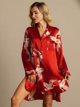 [Dark Red] SilkSilky-AU 19Momme Long Sleeve Notch Collar Nightshirt 005