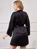 SilkSilky-AU Pure Silk Long Sleeve Deep V Neck Plus Size Dressing Gown Black 002