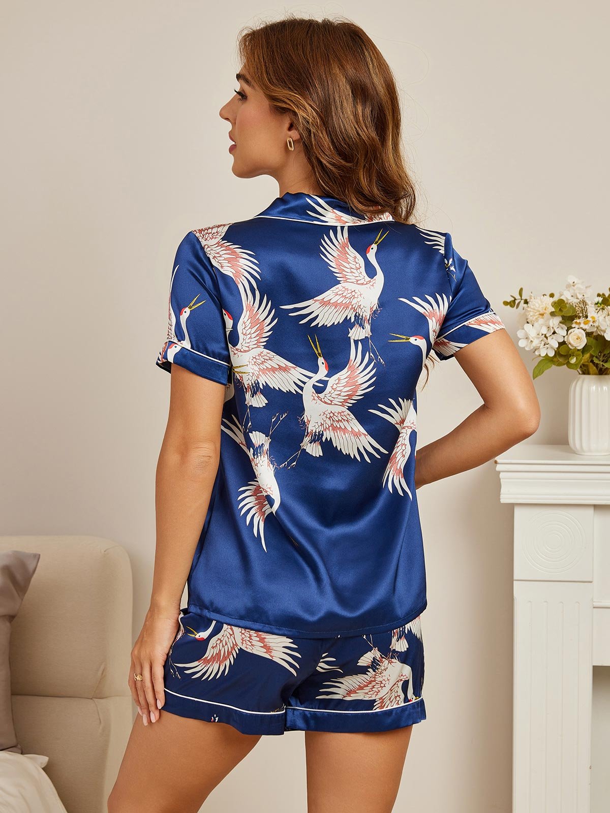 [Dark Blue] SilkSilky-AU Short Sleeve Lapel Collar Women's Pyjamas 002