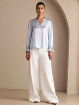 [Sky Blue] SilkSilky-AU Long Sleeve Split Women's Blouse 006