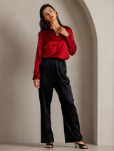 [Red] SilkSilky-AU 19Momme Stretch Silk Charmeuse Long Sleeve Lapel Collar Women's Shirt 005