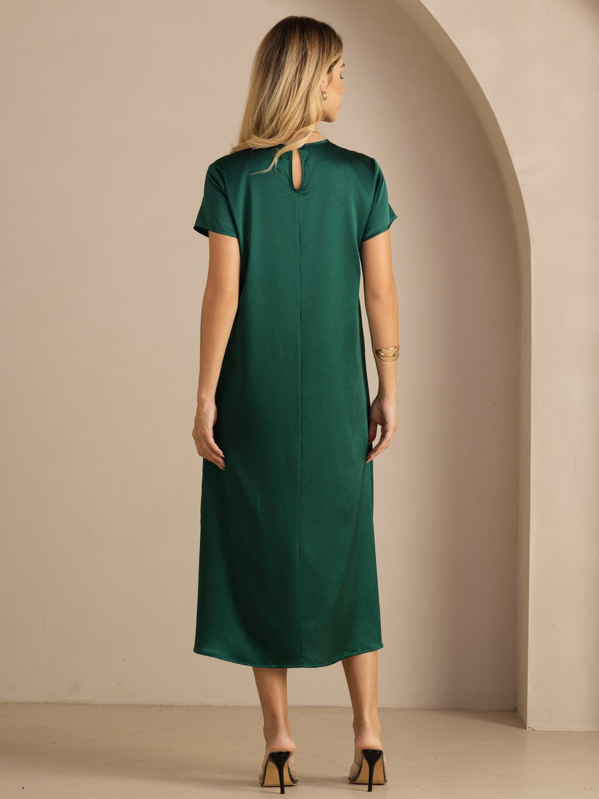 [Dark Green] SilkSilky-AU Short Sleeve Crew Neck Dress 002