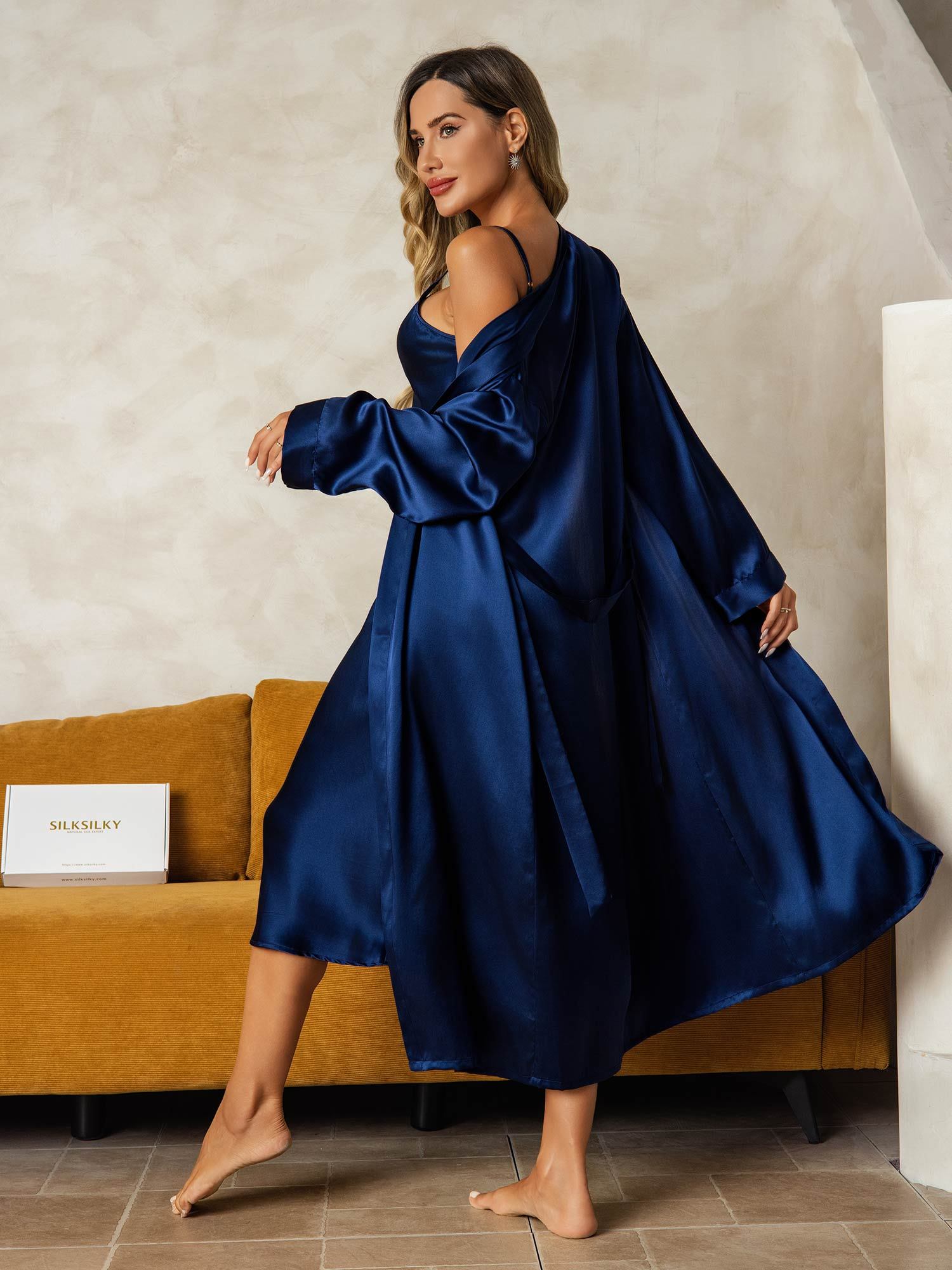 [DarkBlue] SilkSilky-AU Pure Silk V Neck Nightgown&Dressing Gown Set 002