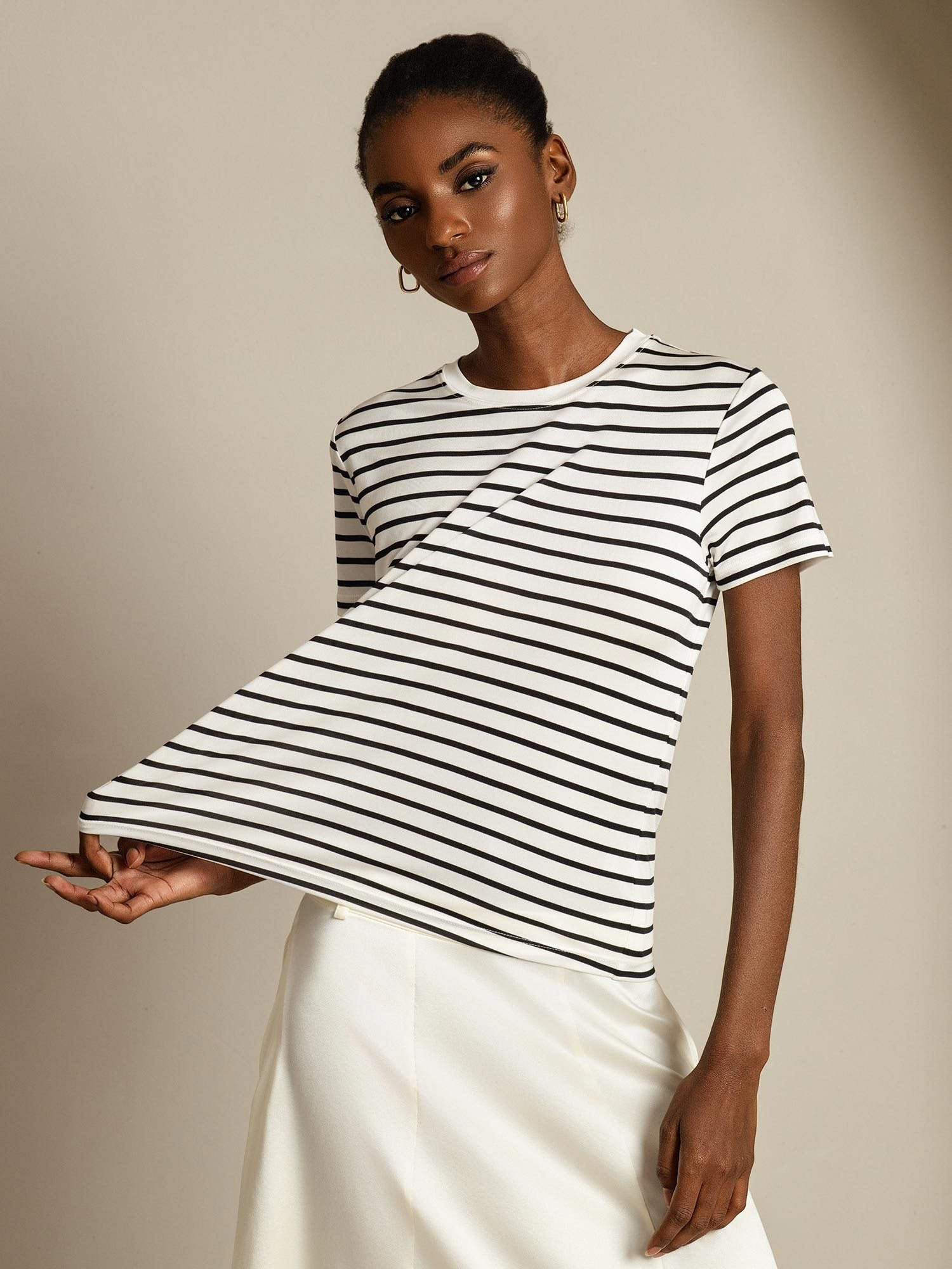 [WhiteStripe] SilkSilky-AU Pure Silk Round Neck Women's T-Shirt 001