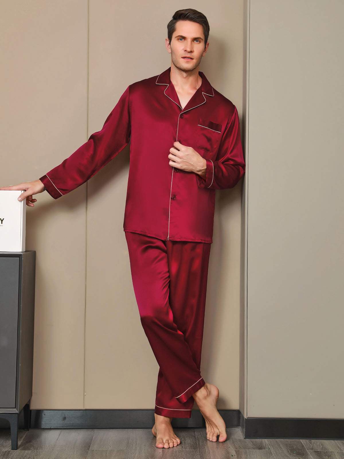 SilkSilky-AU Pure Silk Long Sleeve Lapel Men's Pyjamas Wine 006