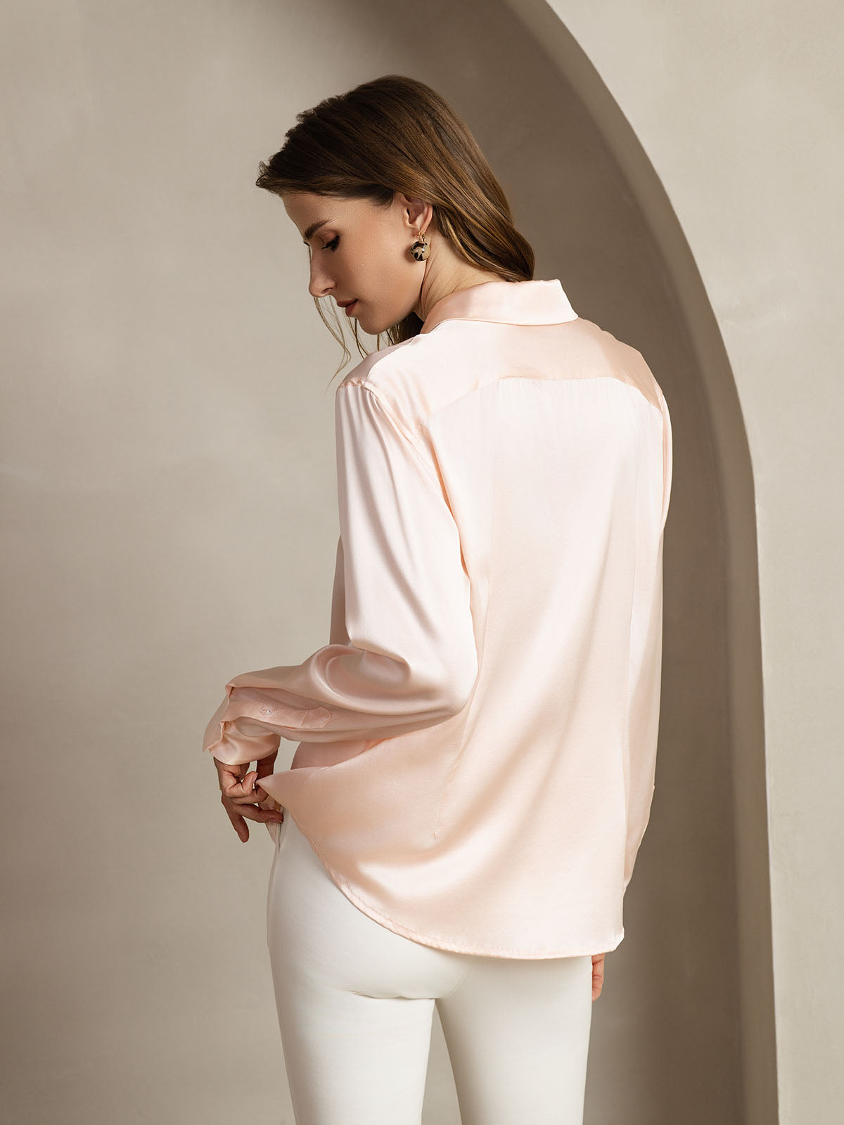[Light Pink] SilkSilky-AU Silk Lapel Collar Women's Shirt 002