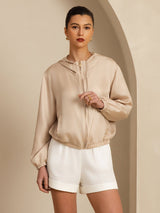[Tan] SilkSilky-AU 18Momme Silk Satin Surah Long Sleeve Stand Collar Women's Outerwear 003