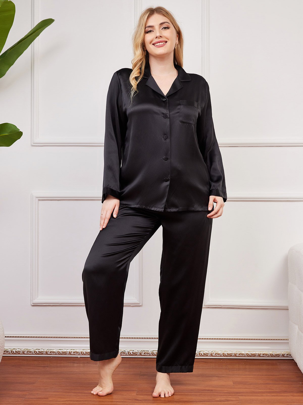 SilkSilky AU Pure Silk Long Sleeve Lapel Plus Size Pyjamas Black 001