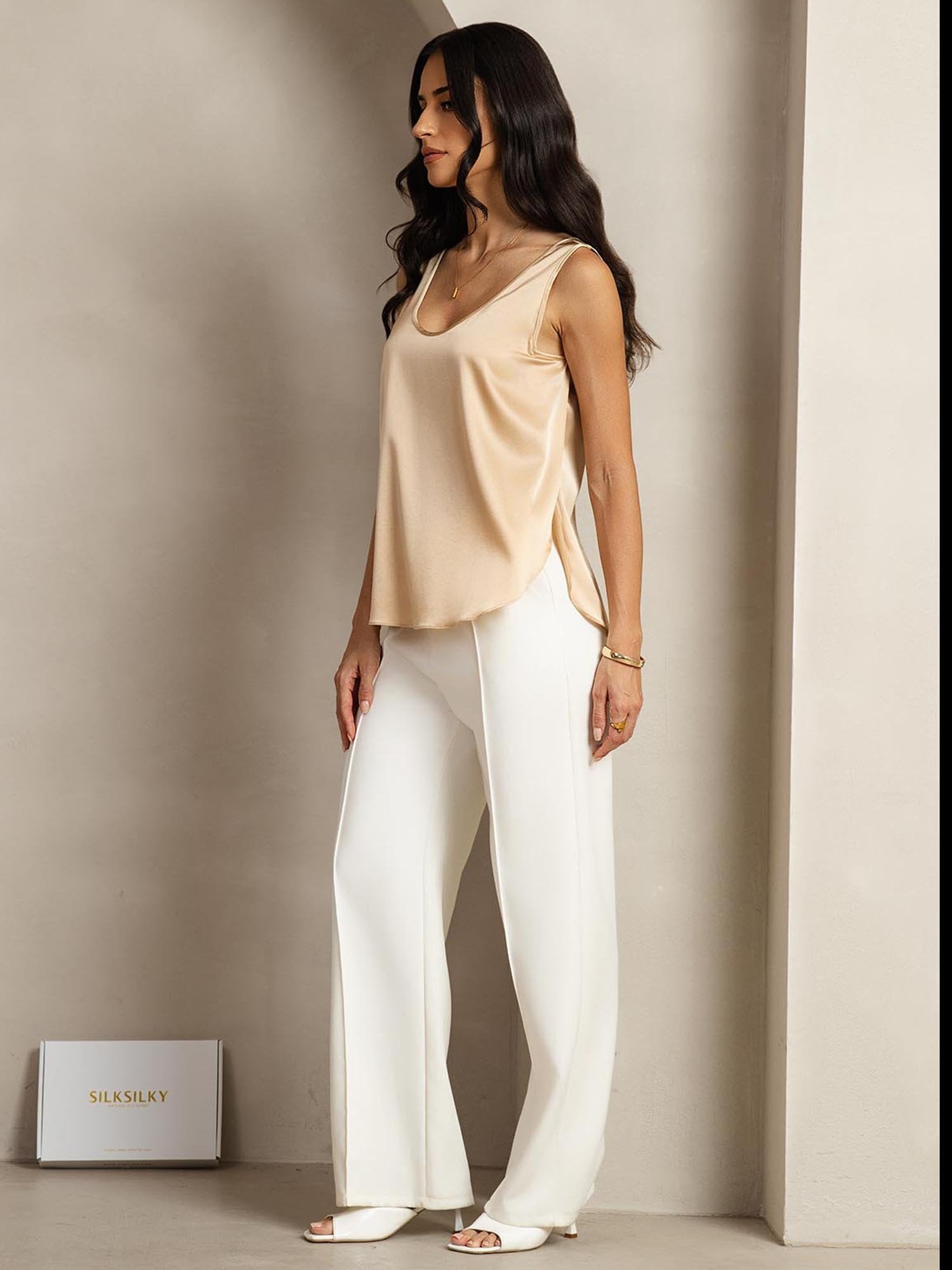 [Champagne] SilkSilky-AU 19Momme Silk U Neck Women's T-Shirt 003